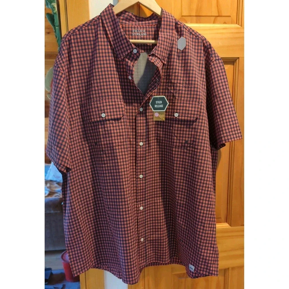 Men's NWT Field & Stream SS Performance Gingham Red Blue XXL 2XL Light‎ Fishing